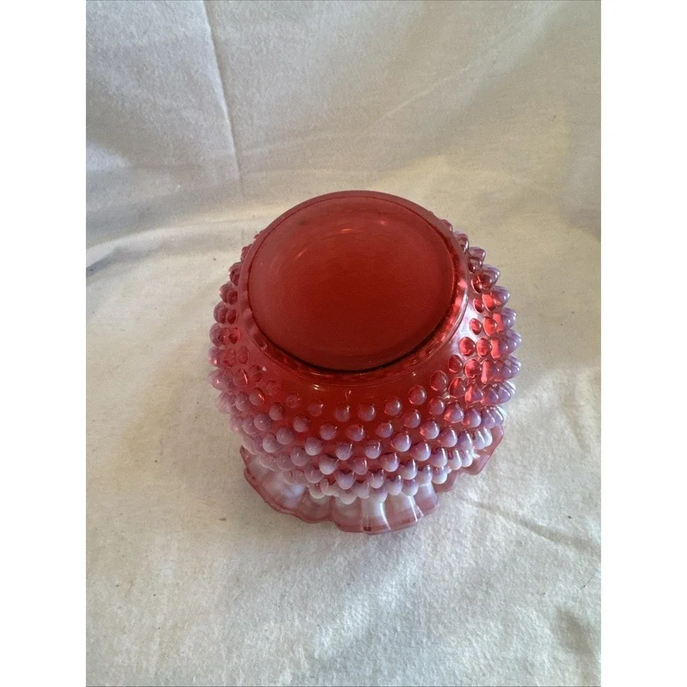 FENTON Hobnail Opalescent Ruffled Crimp Cranberry‎ Art Glass Rose Bowl Vase 5x6